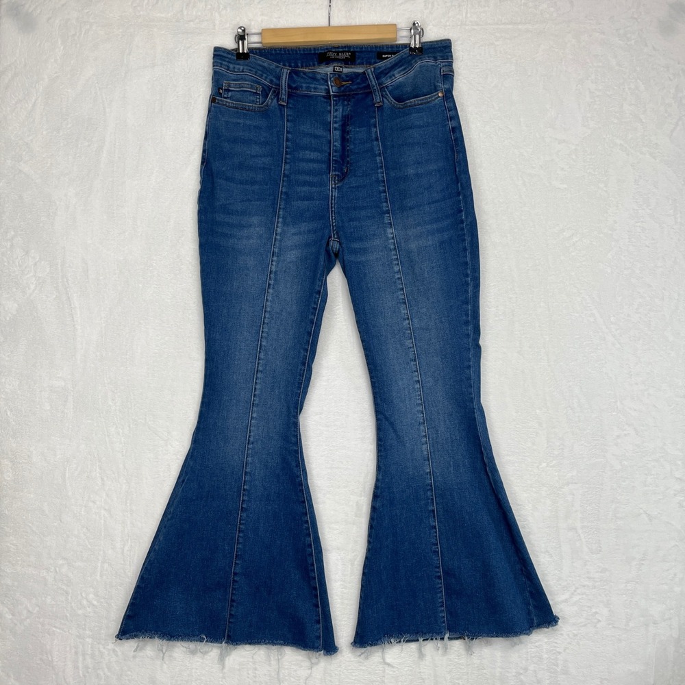 Judy Blue Super Flare Jeans Sz 13/31 "32x27" Blue High Rise Frayed Hem Stretch